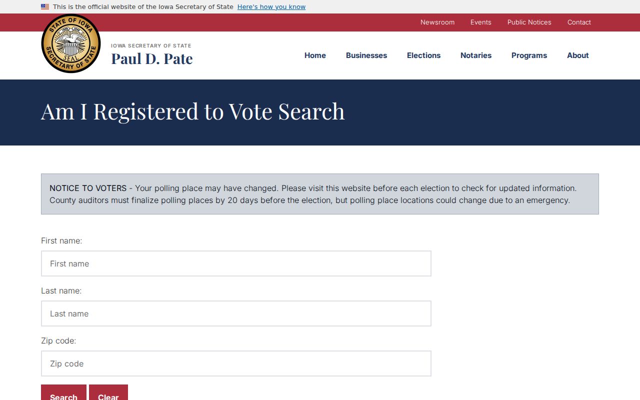 Iowa voter registration lookup form used by Polk County voters