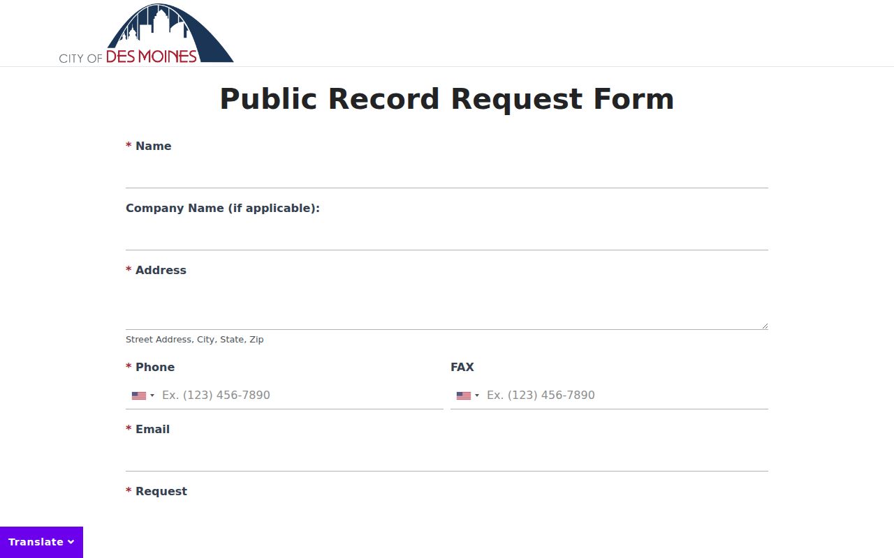 Des Moines public record request form for a Polk County resident lookup fallback