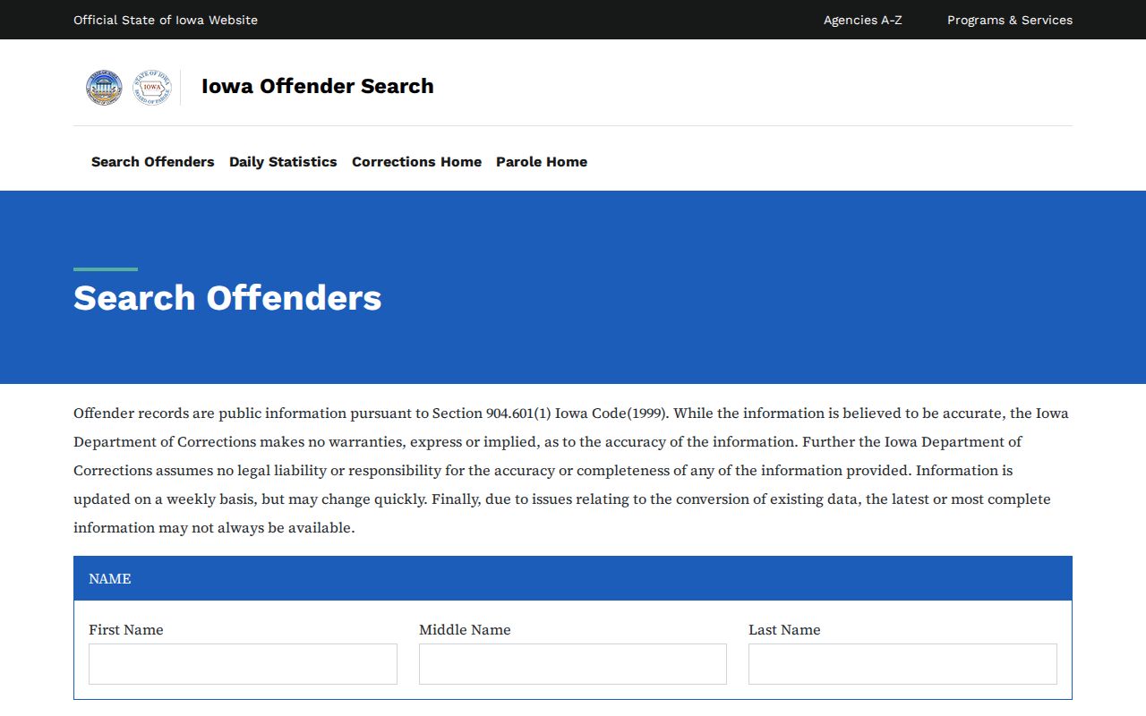 Iowa Department of Corrections search used for a limited Polk County resident record check
